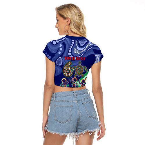 Personalized 60th Birthday Aboriginal Art Raglan Cropped T Shirt Indigenous Sea Turtle Dot Painting Cultural Dancing