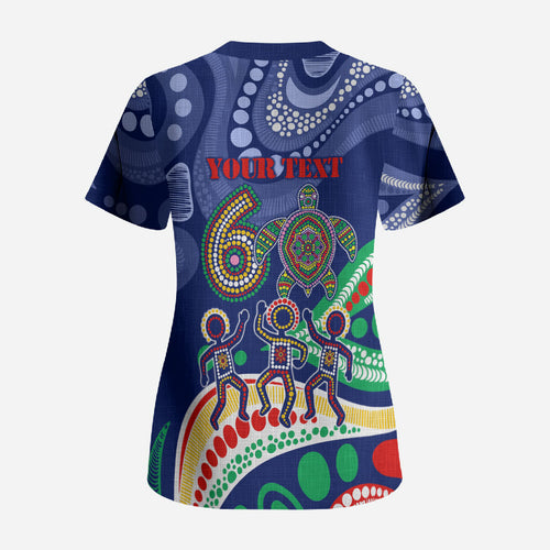 Personalized 60th Birthday Aboriginal Art Scrub Top Indigenous Sea Turtle Dot Painting Cultural Dancing