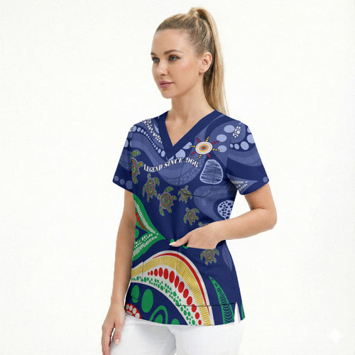 Personalized 60th Birthday Aboriginal Art Scrub Top Indigenous Sea Turtle Dot Painting Cultural Dancing