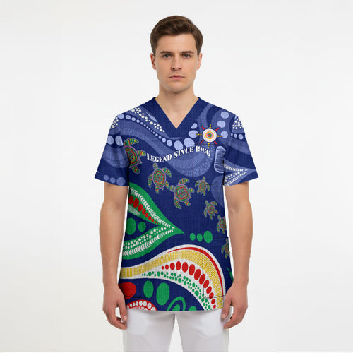 Personalized 60th Birthday Aboriginal Art Scrub Top Indigenous Sea Turtle Dot Painting Cultural Dancing