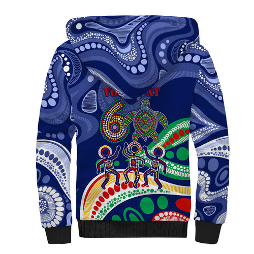 Personalized 60th Birthday Aboriginal Art Sherpa Hoodie Indigenous Sea Turtle Dot Painting Cultural Dancing