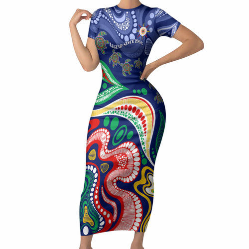Personalized 60th Birthday Aboriginal Art Short Sleeve Bodycon Dress Indigenous Sea Turtle Dot Painting Cultural Dancing