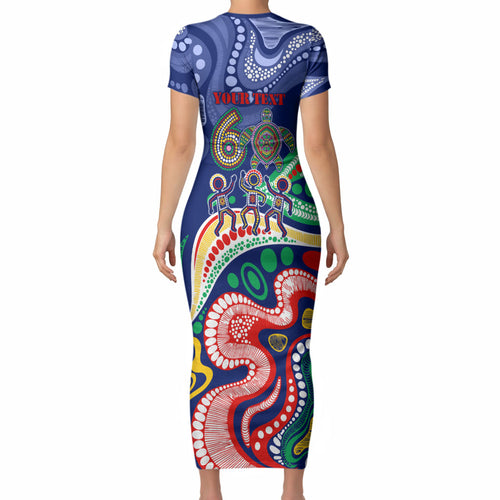 Personalized 60th Birthday Aboriginal Art Short Sleeve Bodycon Dress Indigenous Sea Turtle Dot Painting Cultural Dancing