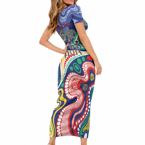 Personalized 60th Birthday Aboriginal Art Short Sleeve Bodycon Dress Indigenous Sea Turtle Dot Painting Cultural Dancing