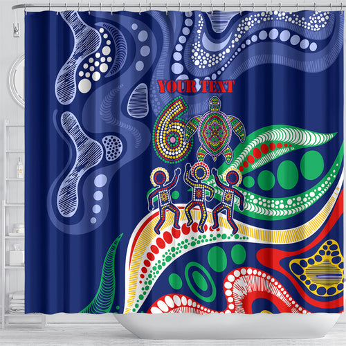 Personalized 60th Birthday Aboriginal Art Shower Curtain Indigenous Sea Turtle Dot Painting Cultural Dancing