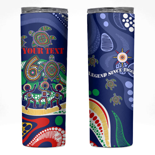 Personalized 60th Birthday Aboriginal Art Skinny Tumbler Indigenous Sea Turtle Dot Painting Cultural Dancing