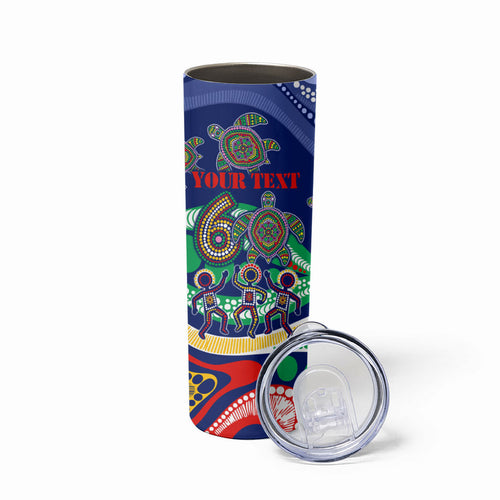 Personalized 60th Birthday Aboriginal Art Skinny Tumbler Indigenous Sea Turtle Dot Painting Cultural Dancing