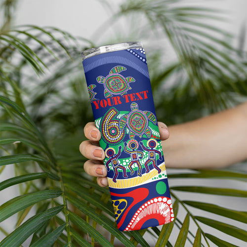 Personalized 60th Birthday Aboriginal Art Skinny Tumbler Indigenous Sea Turtle Dot Painting Cultural Dancing