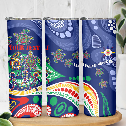 Personalized 60th Birthday Aboriginal Art Skinny Tumbler Indigenous Sea Turtle Dot Painting Cultural Dancing