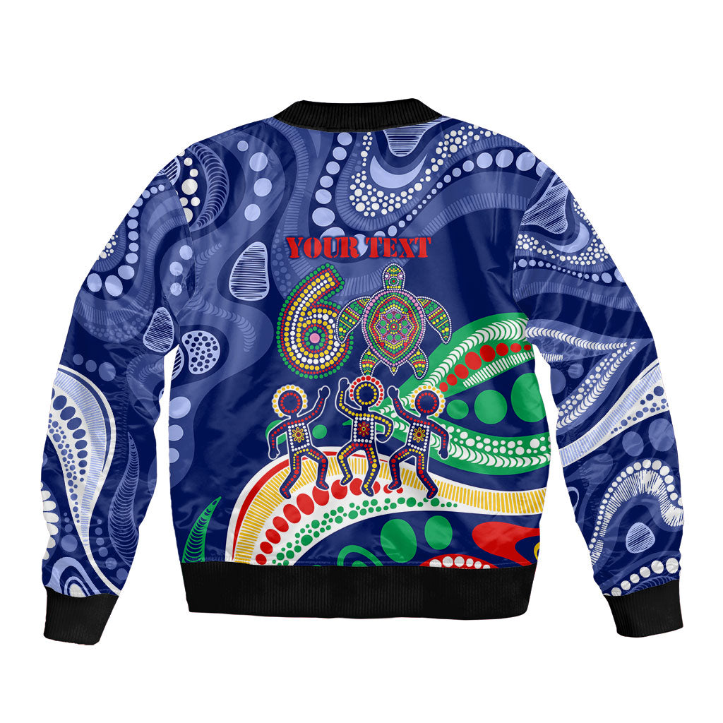 Personalized 60th Birthday Aboriginal Art Sleeve Zip Bomber Jacket Indigenous Sea Turtle Dot Painting Cultural Dancing