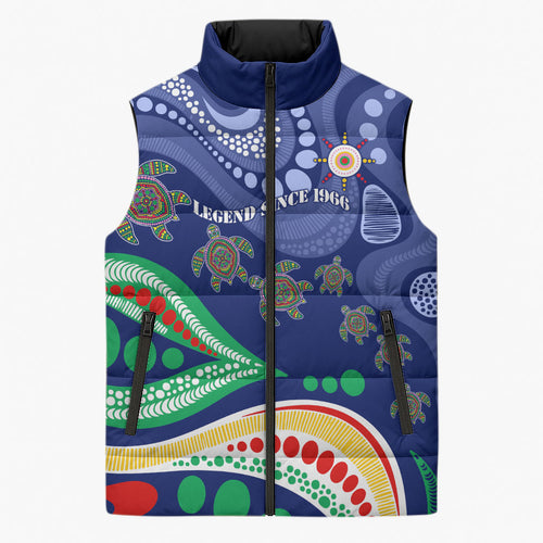 Personalized 60th Birthday Aboriginal Art Sleeveless Puffer Jacket Indigenous Sea Turtle Dot Painting Cultural Dancing
