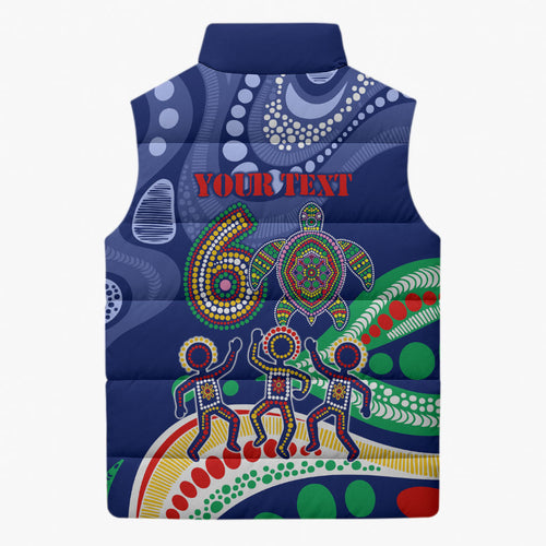 Personalized 60th Birthday Aboriginal Art Sleeveless Puffer Jacket Indigenous Sea Turtle Dot Painting Cultural Dancing