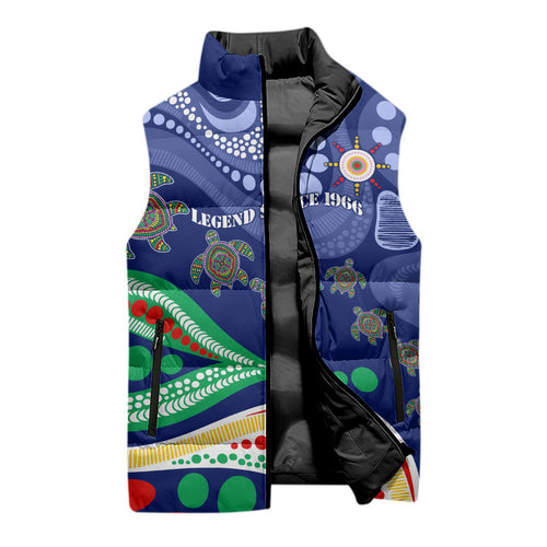 Personalized 60th Birthday Aboriginal Art Sleeveless Puffer Jacket Indigenous Sea Turtle Dot Painting Cultural Dancing
