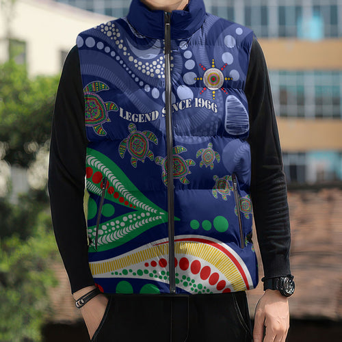 Personalized 60th Birthday Aboriginal Art Sleeveless Puffer Jacket Indigenous Sea Turtle Dot Painting Cultural Dancing