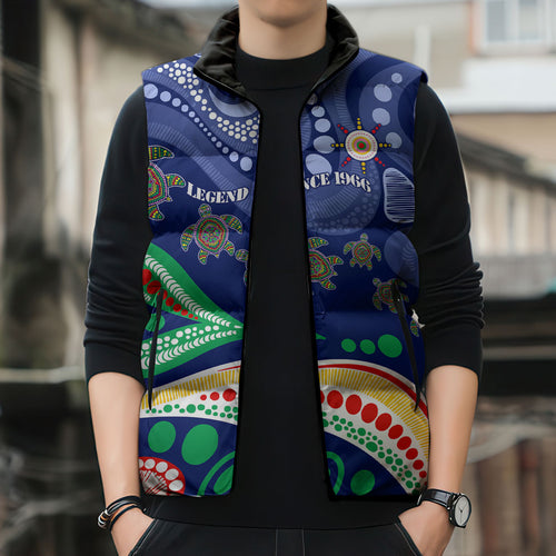 Personalized 60th Birthday Aboriginal Art Sleeveless Puffer Jacket Indigenous Sea Turtle Dot Painting Cultural Dancing