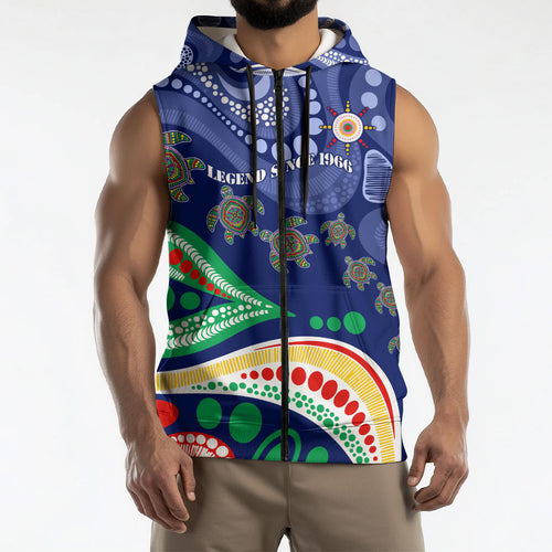 Personalized 60th Birthday Aboriginal Art Sleeveless Zip Hoodie Indigenous Sea Turtle Dot Painting Cultural Dancing