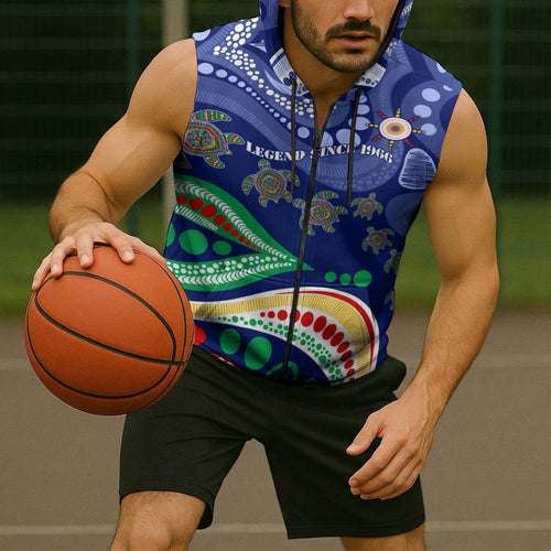 Personalized 60th Birthday Aboriginal Art Sleeveless Zip Hoodie Indigenous Sea Turtle Dot Painting Cultural Dancing