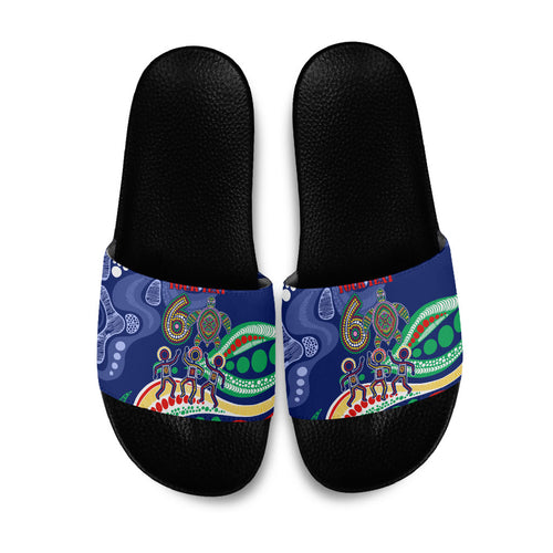 Personalized 60th Birthday Aboriginal Art Slide Sandals Indigenous Sea Turtle Dot Painting Cultural Dancing