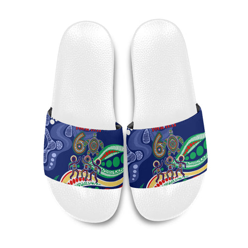 Personalized 60th Birthday Aboriginal Art Slide Sandals Indigenous Sea Turtle Dot Painting Cultural Dancing