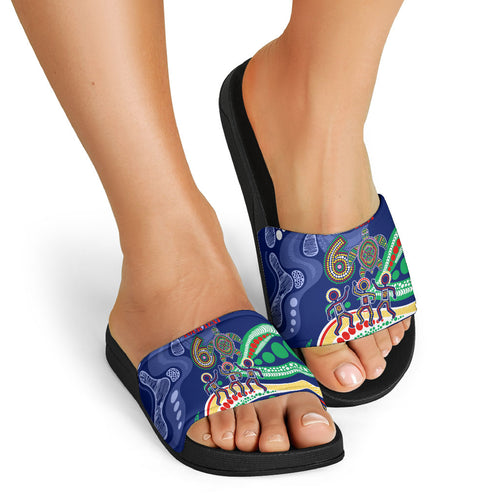Personalized 60th Birthday Aboriginal Art Slide Sandals Indigenous Sea Turtle Dot Painting Cultural Dancing