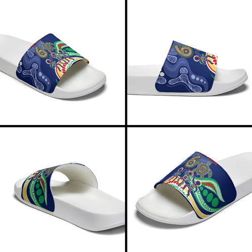 Personalized 60th Birthday Aboriginal Art Slide Sandals Indigenous Sea Turtle Dot Painting Cultural Dancing