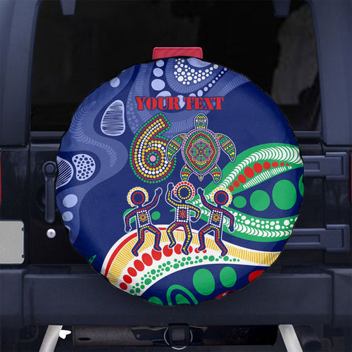 Personalized 60th Birthday Aboriginal Art Spare Tire Cover Indigenous Sea Turtle Dot Painting Cultural Dancing