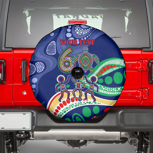 Personalized 60th Birthday Aboriginal Art Spare Tire Cover Indigenous Sea Turtle Dot Painting Cultural Dancing