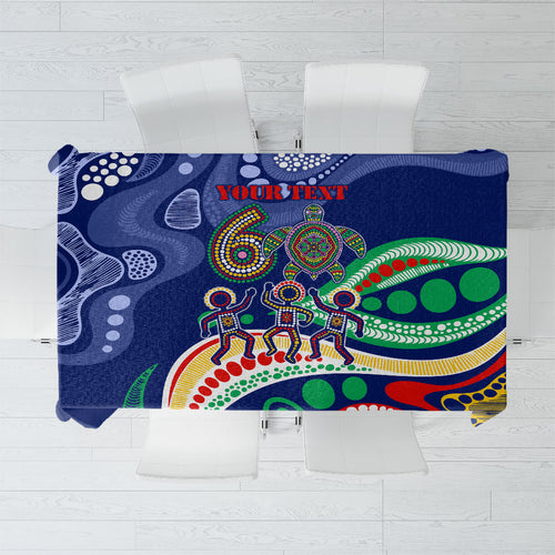 Personalized 60th Birthday Aboriginal Art Tablecloth Indigenous Sea Turtle Dot Painting Cultural Dancing