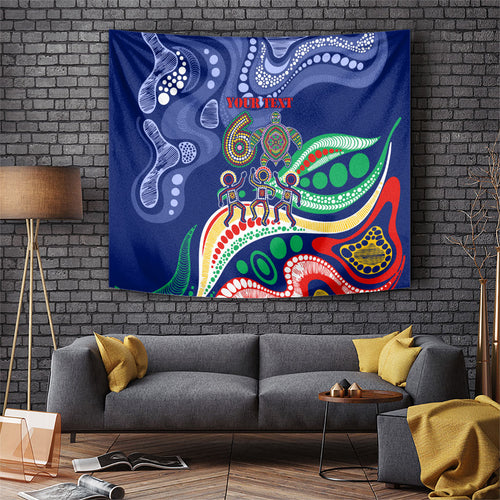 Personalized 60th Birthday Aboriginal Art Tapestry Indigenous Sea Turtle Dot Painting Cultural Dancing