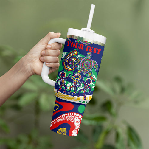 Personalized 60th Birthday Aboriginal Art Tumbler With Handle Indigenous Sea Turtle Dot Painting Cultural Dancing