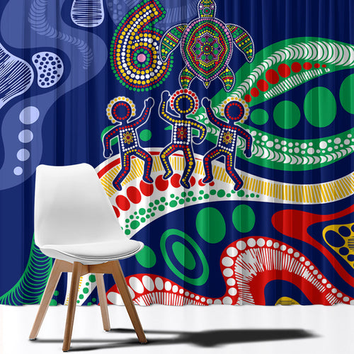 Personalized 60th Birthday Aboriginal Art Window Curtain Indigenous Sea Turtle Dot Painting Cultural Dancing