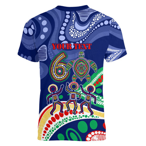 Personalized 60th Birthday Aboriginal Art Women V-Neck T-Shirt Indigenous Sea Turtle Dot Painting Cultural Dancing