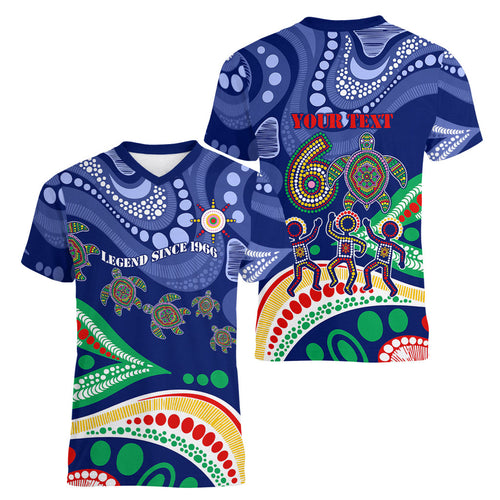 Personalized 60th Birthday Aboriginal Art Women V-Neck T-Shirt Indigenous Sea Turtle Dot Painting Cultural Dancing