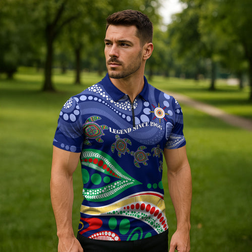 Personalized 60th Birthday Aboriginal Art Zipper Polo Shirt Indigenous Sea Turtle Dot Painting Cultural Dancing