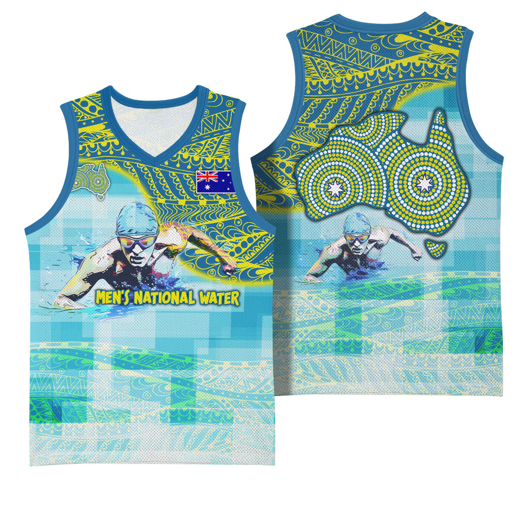 Australia Men National Water Polo Team Basketball Jersey Aboriginal Dot Art Style Patriotic Aquatic Sport