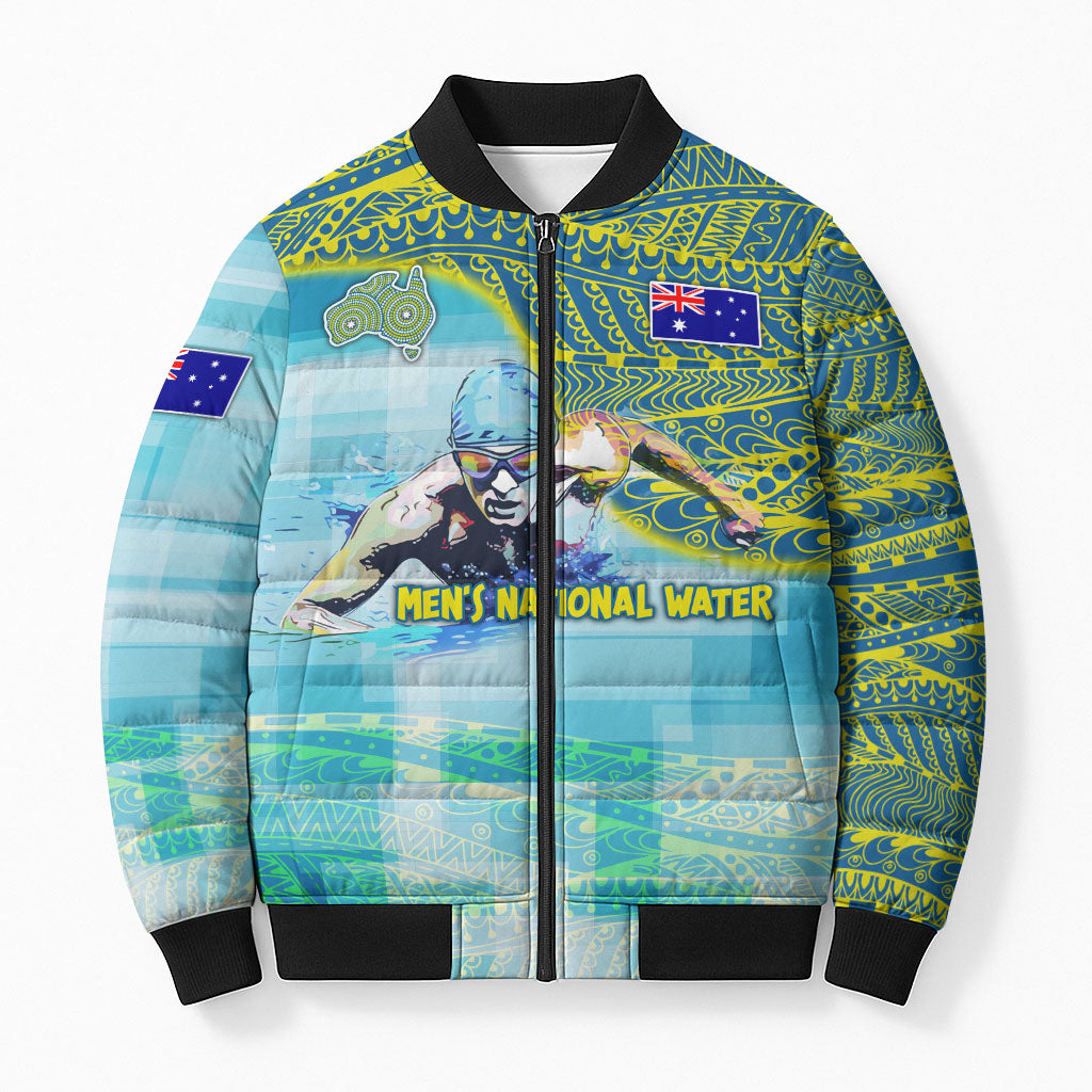 Australia Men National Water Polo Team Bomber Puffer Jacket Aboriginal Dot Art Style Patriotic Aquatic Sport