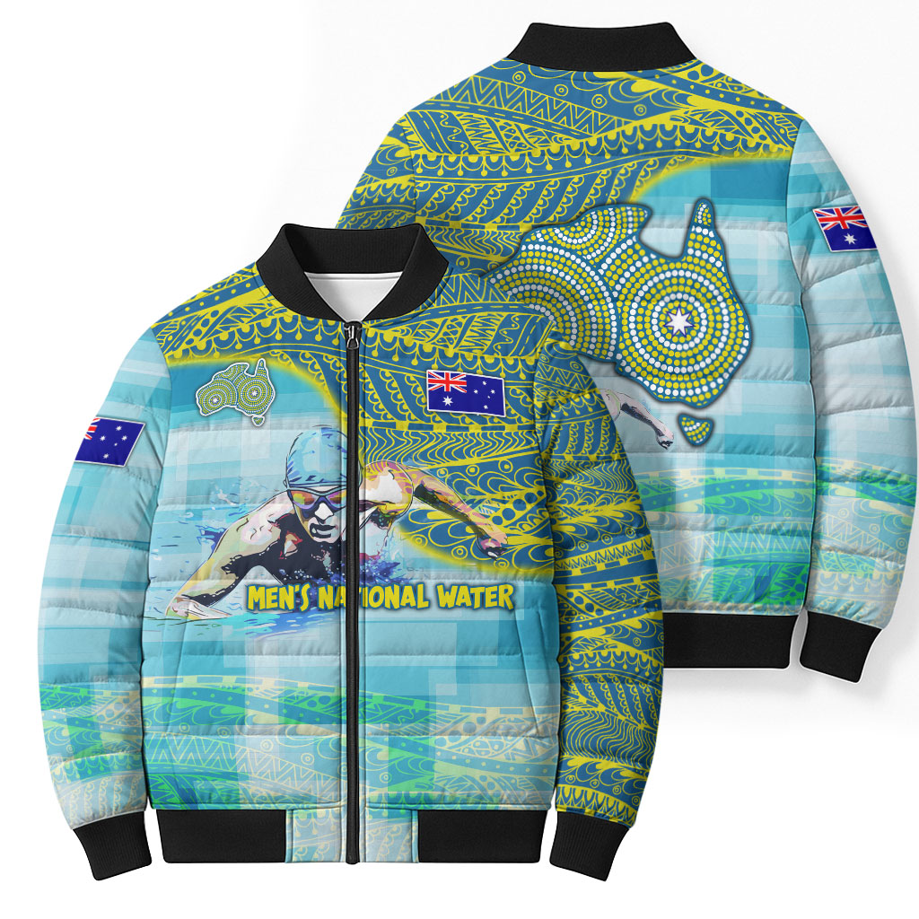 Australia Men National Water Polo Team Bomber Puffer Jacket Aboriginal Dot Art Style Patriotic Aquatic Sport