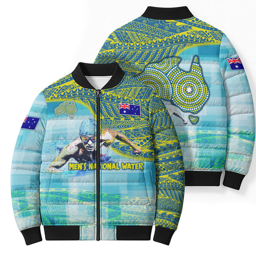 Australia Men National Water Polo Team Bomber Puffer Jacket Aboriginal Dot Art Style Patriotic Aquatic Sport