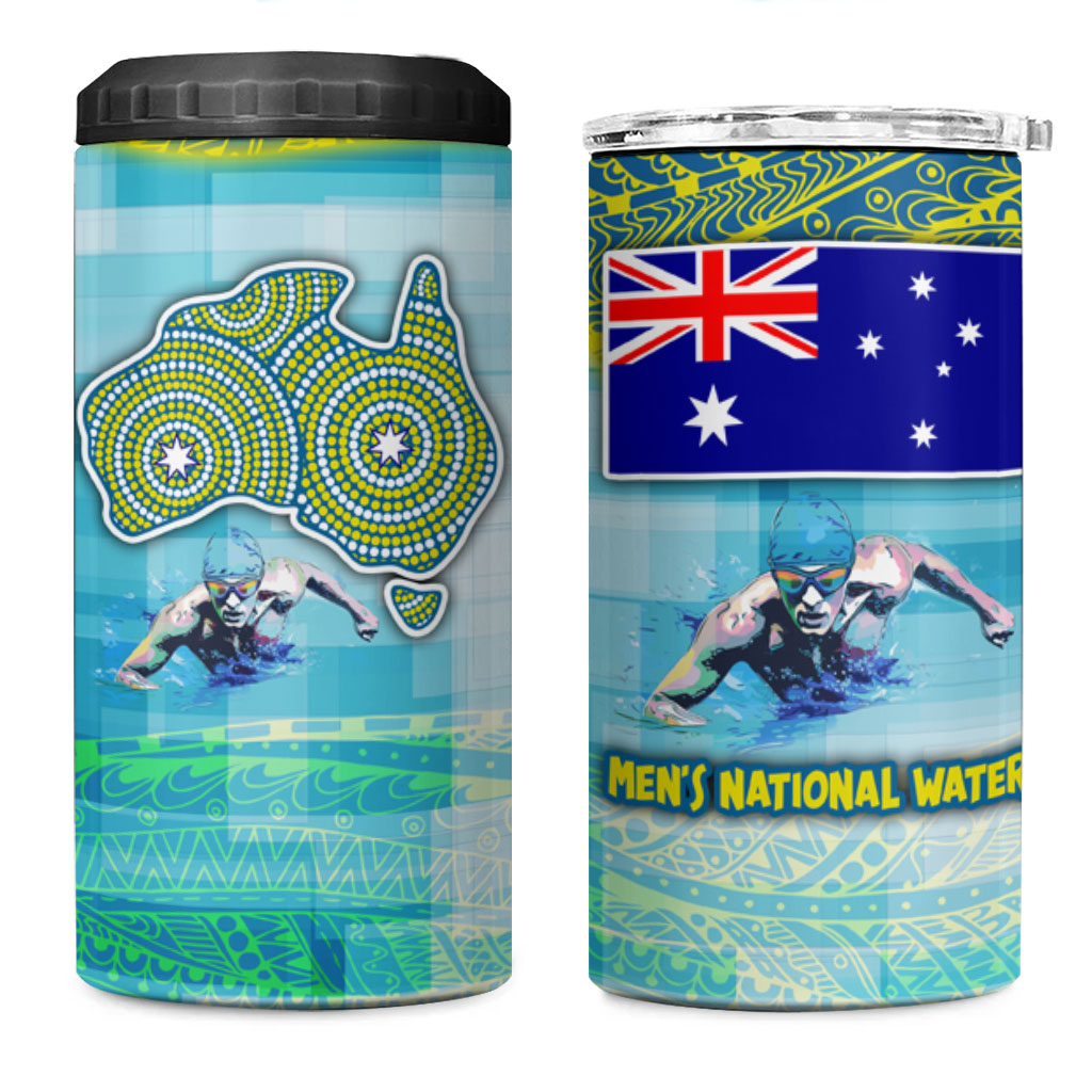 Australia Men National Water Polo Team 4 in 1 Can Cooler Tumbler Aboriginal Dot Art Style Patriotic Aquatic Sport