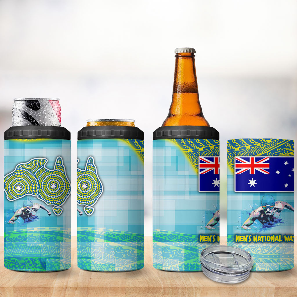 Australia Men National Water Polo Team 4 in 1 Can Cooler Tumbler Aboriginal Dot Art Style Patriotic Aquatic Sport