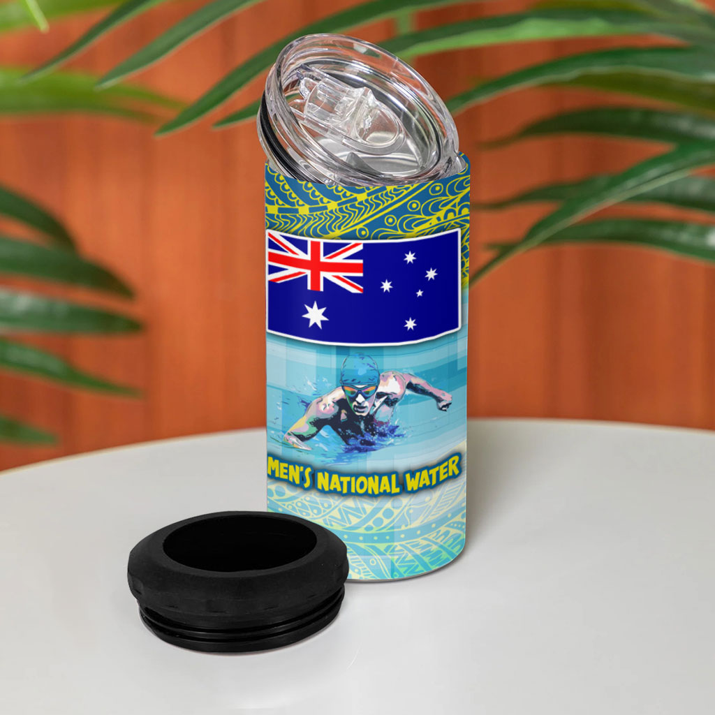 Australia Men National Water Polo Team 4 in 1 Can Cooler Tumbler Aboriginal Dot Art Style Patriotic Aquatic Sport