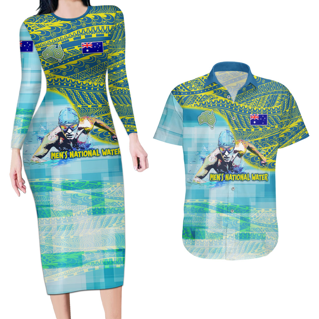 Australia Men National Water Polo Team Couples Matching Long Sleeve Bodycon Dress and Hawaiian Shirt Aboriginal Dot Art Style Patriotic Aquatic Sport