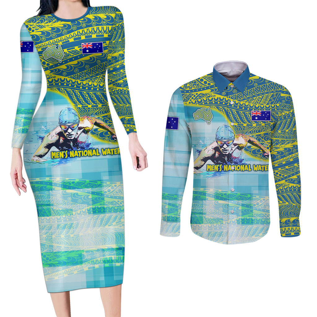 Australia Men National Water Polo Team Couples Matching Long Sleeve Bodycon Dress and Long Sleeve Button Shirt Aboriginal Dot Art Style Patriotic Aquatic Sport