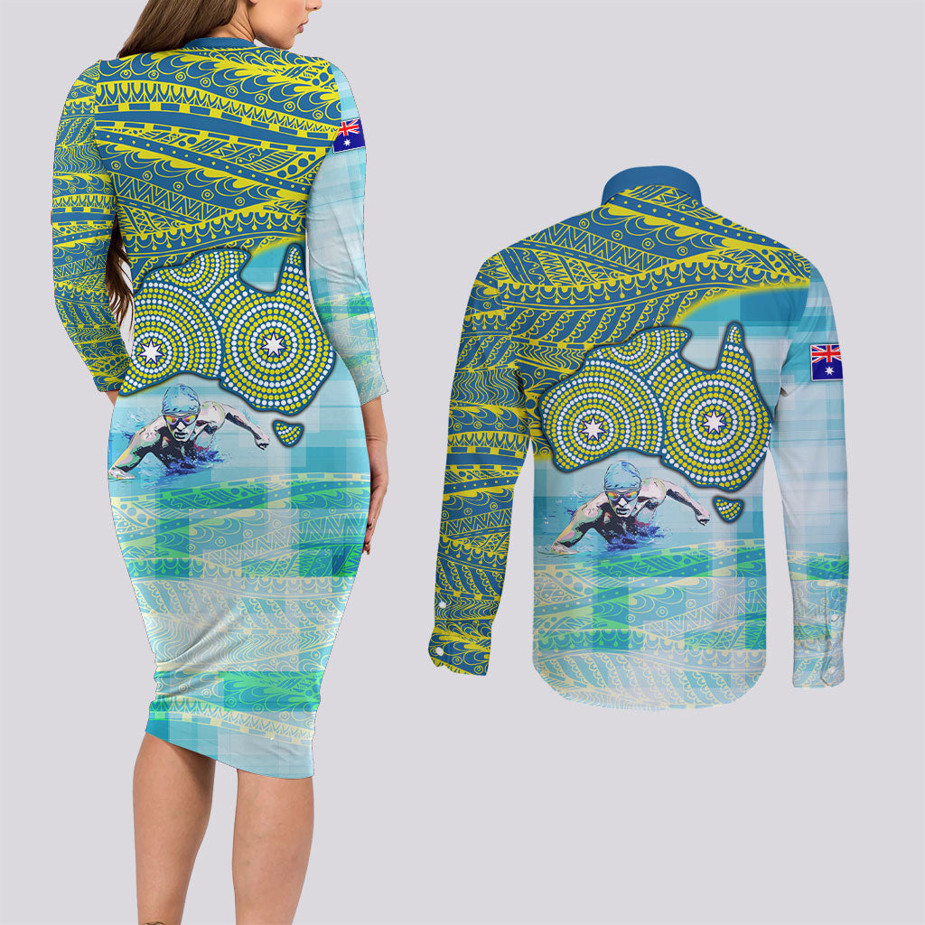 Australia Men National Water Polo Team Couples Matching Long Sleeve Bodycon Dress and Long Sleeve Button Shirt Aboriginal Dot Art Style Patriotic Aquatic Sport