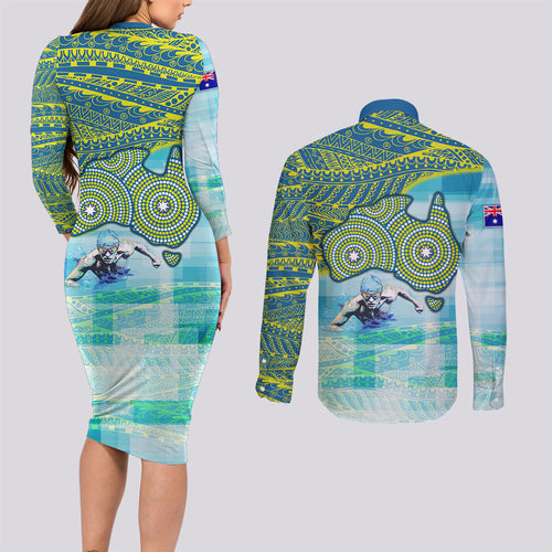 Australia Men National Water Polo Team Couples Matching Long Sleeve Bodycon Dress and Long Sleeve Button Shirt Aboriginal Dot Art Style Patriotic Aquatic Sport