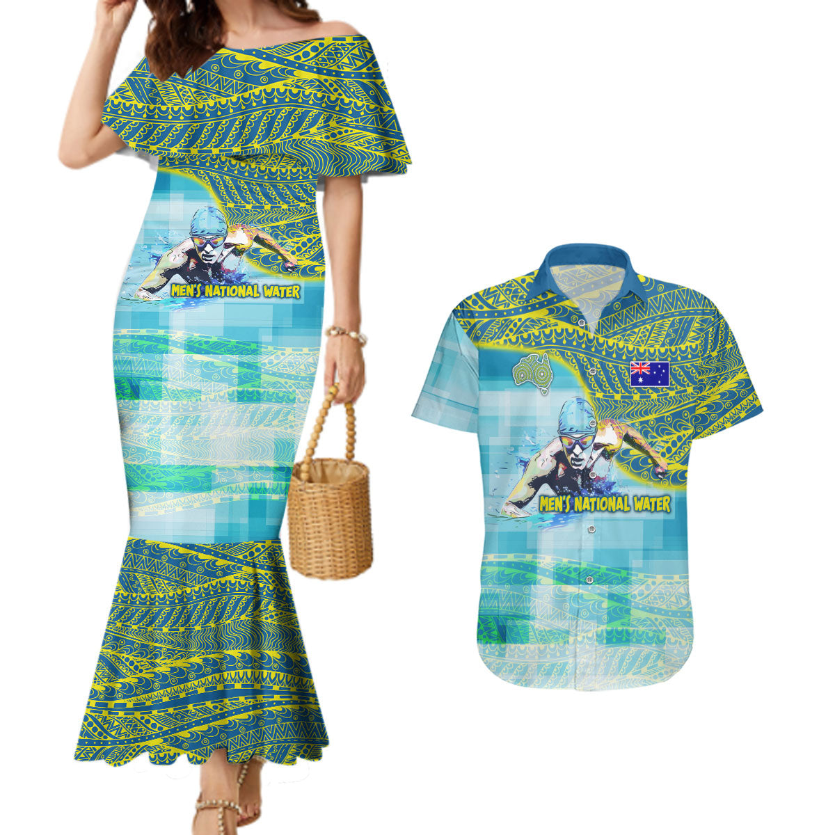 Australia Men National Water Polo Team Couples Matching Mermaid Dress and Hawaiian Shirt Aboriginal Dot Art Style Patriotic Aquatic Sport