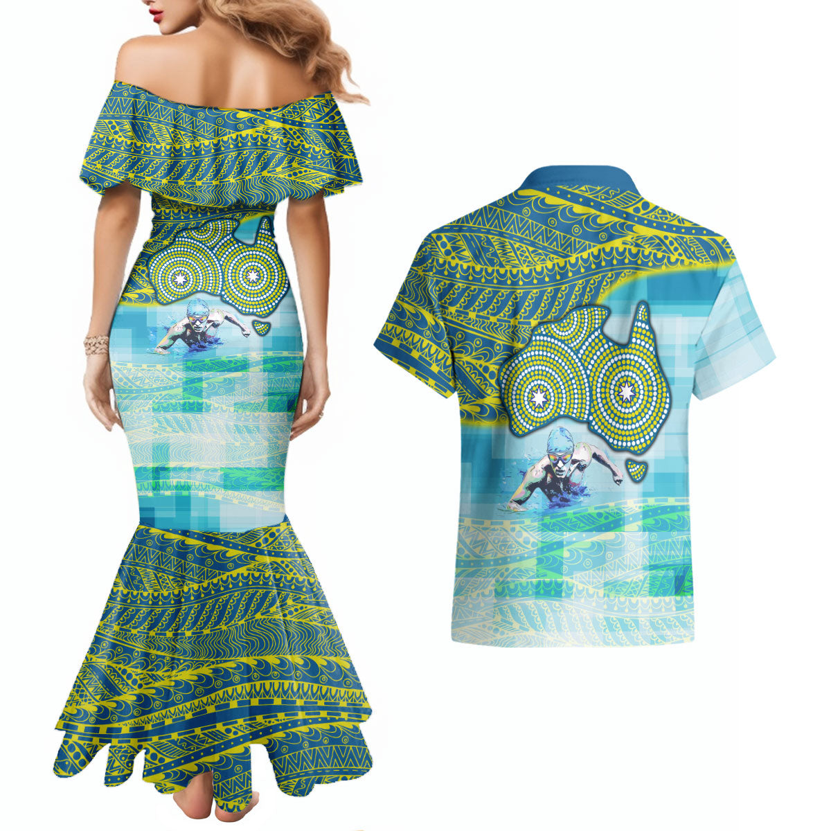 Australia Men National Water Polo Team Couples Matching Mermaid Dress and Hawaiian Shirt Aboriginal Dot Art Style Patriotic Aquatic Sport