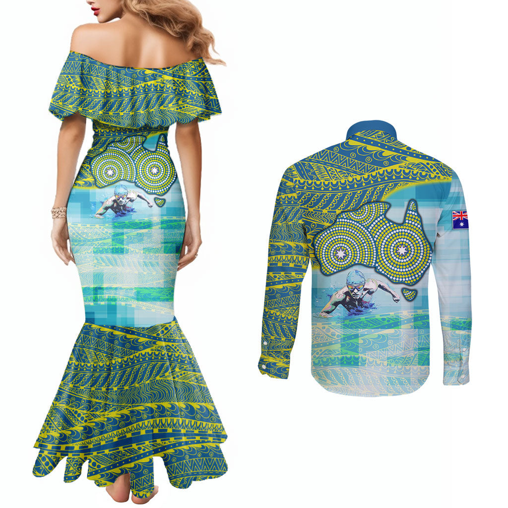 Australia Men National Water Polo Team Couples Matching Mermaid Dress and Long Sleeve Button Shirt Aboriginal Dot Art Style Patriotic Aquatic Sport