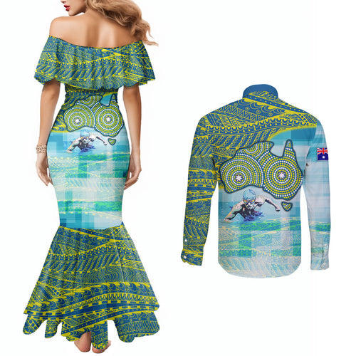 Australia Men National Water Polo Team Couples Matching Mermaid Dress and Long Sleeve Button Shirt Aboriginal Dot Art Style Patriotic Aquatic Sport