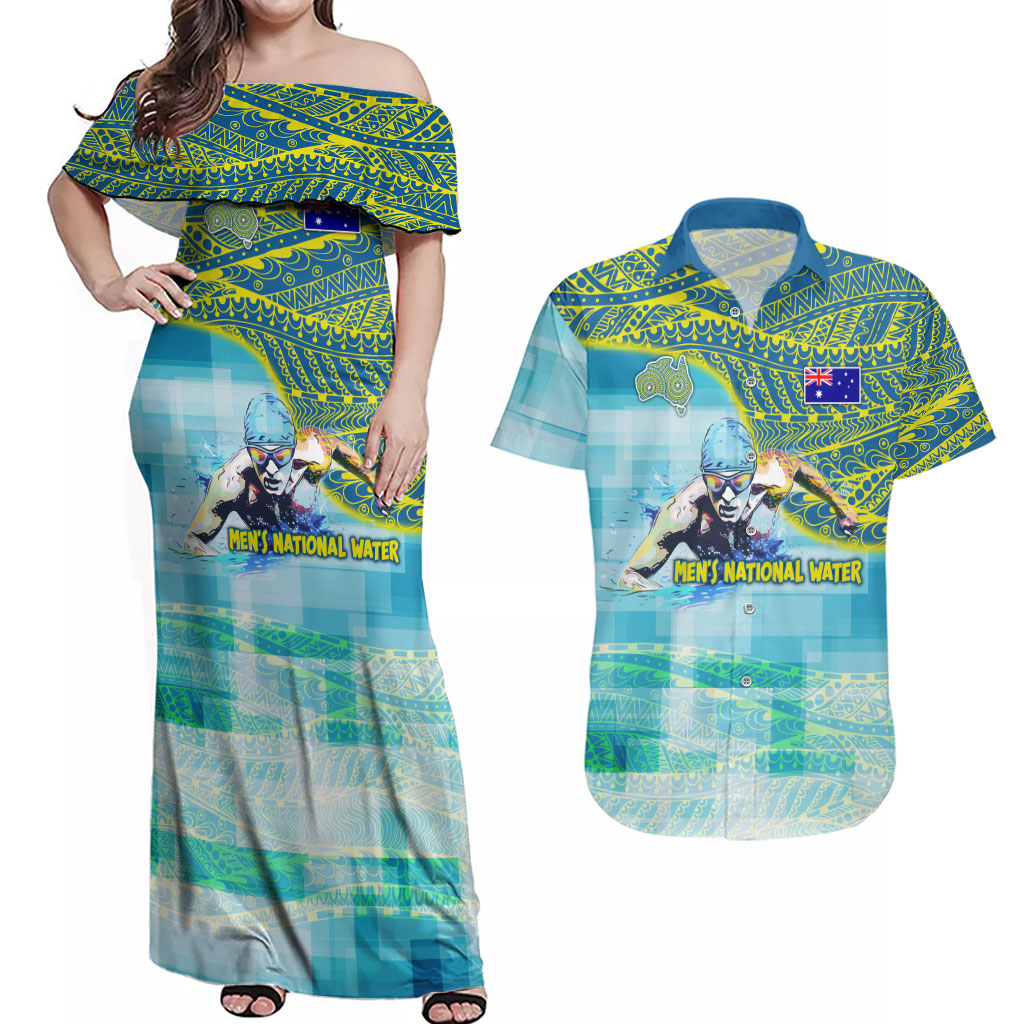 Australia Men National Water Polo Team Couples Matching Off Shoulder Maxi Dress and Hawaiian Shirt Aboriginal Dot Art Style Patriotic Aquatic Sport